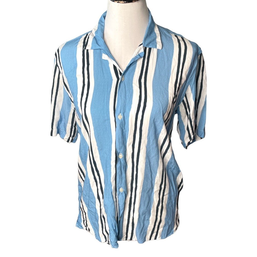 Zara Striped Button Down Short Sleeve Bowling Style Shirt Blue White Size Medium